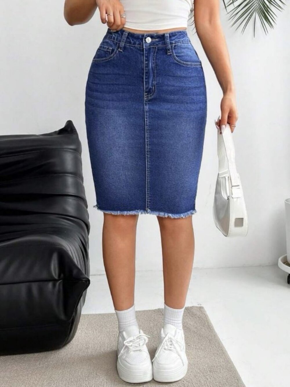 Shein Women's Long Jean Skirt Raw Hem Stretchy Denim Junior’s Size L